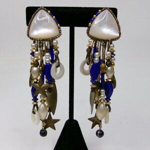 Vintage Chipita Lapis Lazuli Mother-of-Pearl Star Dangle Clip‎ Earrings